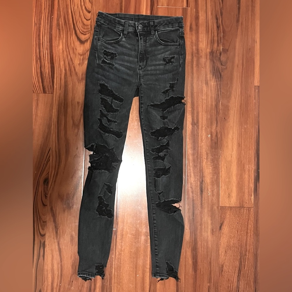 American Eagle Forever Soft Stretch Black Gray Distressed Skinny Jeans Pants 6